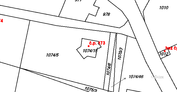 Hlásná Třebaň 173 na parcele st. 1074/15 v KÚ Hlásná Třebaň, Katastrální mapa