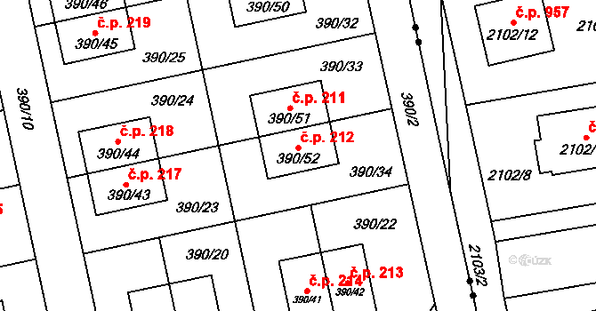 Záluží 212, Třemošná na parcele st. 390/52 v KÚ Záluží u Třemošné, Katastrální mapa
