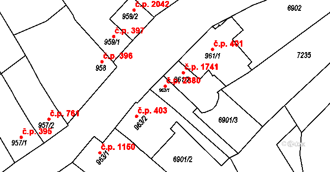 Uherský Brod 2380 na parcele st. 962/1 v KÚ Uherský Brod, Katastrální mapa