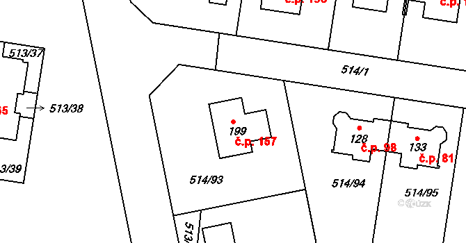 Kozinec 157, Holubice na parcele st. 199 v KÚ Kozinec, Katastrální mapa