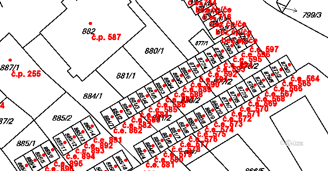 Vyškov-Předměstí 587, Vyškov na parcele st. 880/3 v KÚ Vyškov, Katastrální mapa