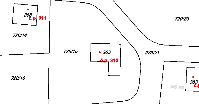 Borotín 310 na parcele st. 363 v KÚ Borotín u Tábora, Katastrální mapa