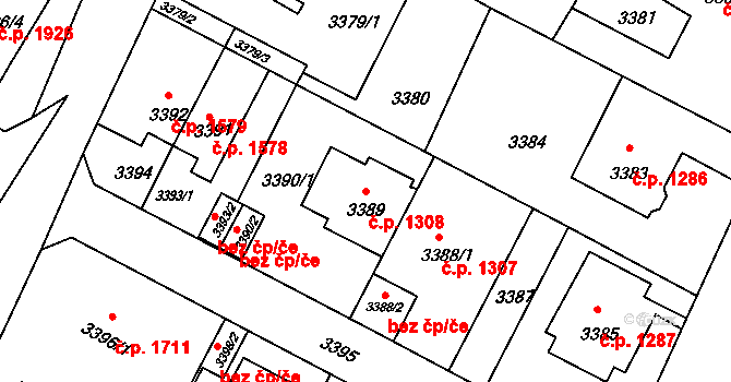 Předměstí 1308, Litoměřice na parcele st. 3389 v KÚ Litoměřice, Katastrální mapa