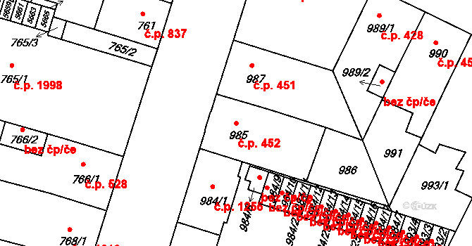 Benešov 452 na parcele st. 985 v KÚ Benešov u Prahy, Katastrální mapa