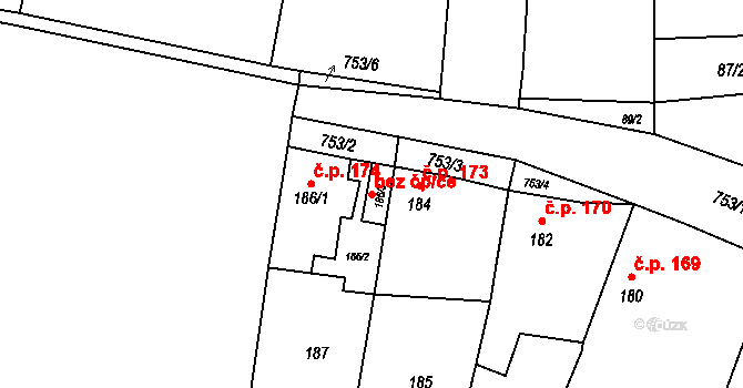 Strupčice 43520235 na parcele st. 186/3 v KÚ Strupčice, Katastrální mapa