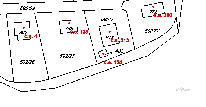Chocerady 134 na parcele st. 483 v KÚ Chocerady, Katastrální mapa
