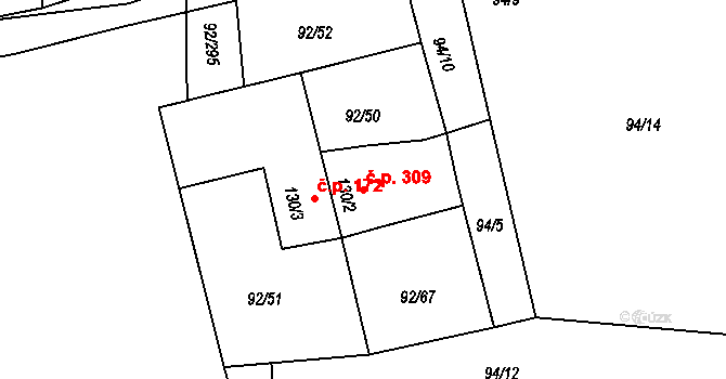 Nučice 309 na parcele st. 130/2 v KÚ Nučice u Rudné, Katastrální mapa