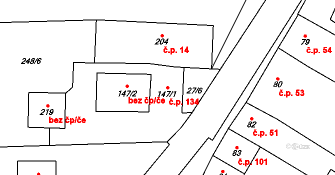 Podmokly 134 na parcele st. 147/1 v KÚ Podmokly nad Berounkou, Katastrální mapa