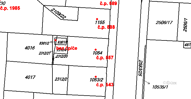 Zelené Předměstí 557, Pardubice na parcele st. 1054 v KÚ Pardubice, Katastrální mapa