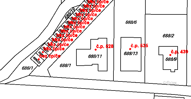 Všetuly 528, Holešov na parcele st. 688/11 v KÚ Všetuly, Katastrální mapa
