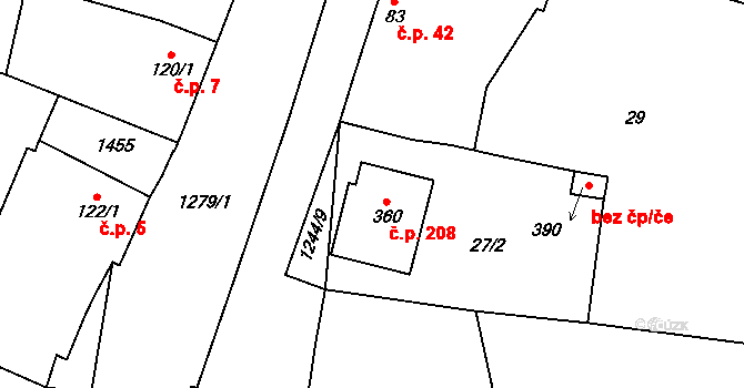 Nečtiny 208 na parcele st. 360 v KÚ Nečtiny, Katastrální mapa