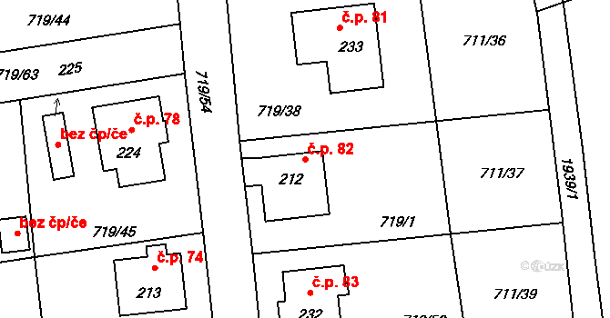 Horušany 82, Soběkury na parcele st. 212 v KÚ Horušany, Katastrální mapa
