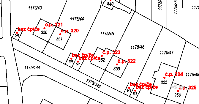 Vranov nad Dyjí 323 na parcele st. 352 v KÚ Vranov nad Dyjí, Katastrální mapa