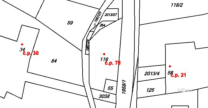 Milenov 78 na parcele st. 116 v KÚ Milenov, Katastrální mapa