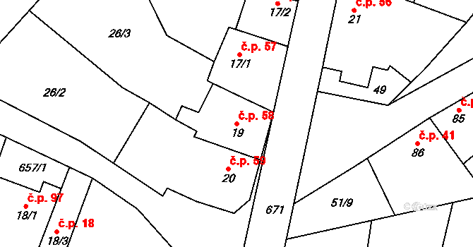Skoky 58, Dolní Újezd na parcele st. 19 v KÚ Skoky u Staměřic, Katastrální mapa