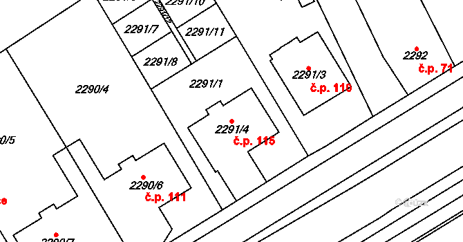 Nouzka 115, Vyškov na parcele st. 2291/4 v KÚ Vyškov, Katastrální mapa