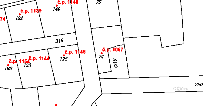 Švermov 1067, Kladno na parcele st. 74 v KÚ Hnidousy, Katastrální mapa
