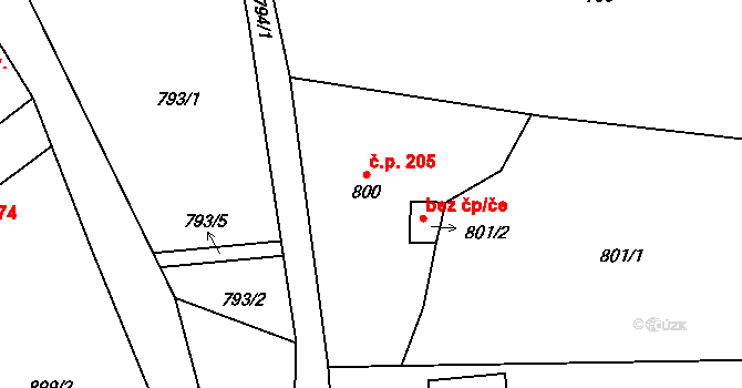 Stráž nad Nisou 205 na parcele st. 800 v KÚ Stráž nad Nisou, Katastrální mapa