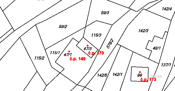 Třebihošť 179 na parcele st. 47/3 v KÚ Zvičina, Katastrální mapa