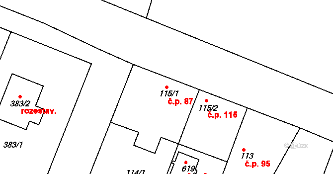 Kosice 87 na parcele st. 115/1 v KÚ Kosice, Katastrální mapa