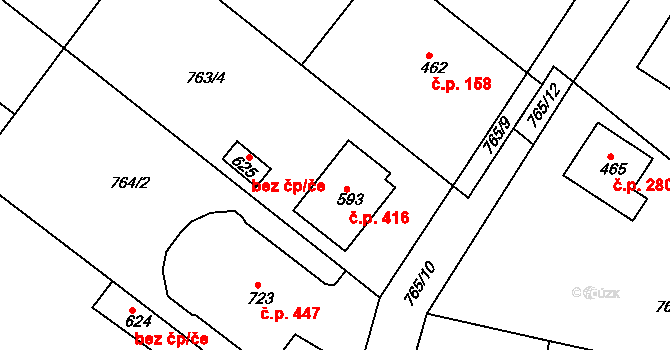 Hudlice 416 na parcele st. 593 v KÚ Hudlice, Katastrální mapa