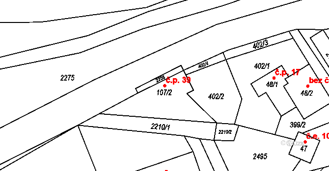 Pašinovice 39, Komařice na parcele st. 107/2 v KÚ Pašinovice, Katastrální mapa