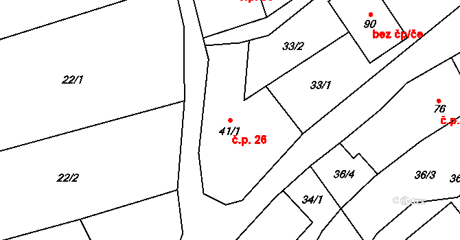 Kuroslepy 26 na parcele st. 41/1 v KÚ Kuroslepy, Katastrální mapa