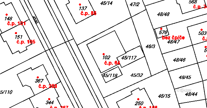 Týn 64, Třebíč na parcele st. 102 v KÚ Týn u Třebíče, Katastrální mapa