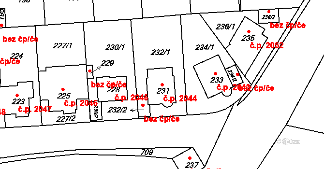 Komořany 2044, Praha na parcele st. 231 v KÚ Komořany, Katastrální mapa