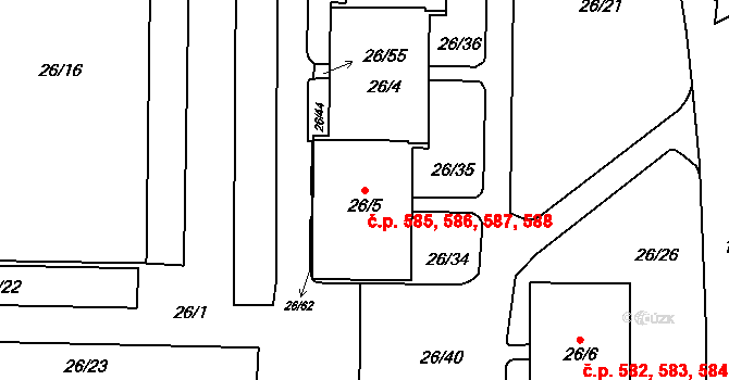 Liboc 585,586,587,588, Praha na parcele st. 26/5 v KÚ Liboc, Katastrální mapa
