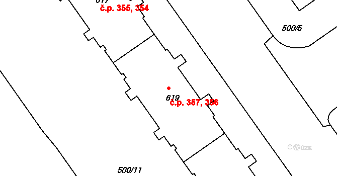 Střížkov 356,357, Praha na parcele st. 619 v KÚ Střížkov, Katastrální mapa