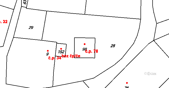 Rovná 78 na parcele st. 98 v KÚ Rovná u Strakonic, Katastrální mapa