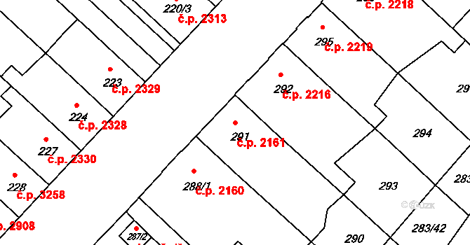 Chomutov 2161 na parcele st. 291 v KÚ Chomutov II, Katastrální mapa