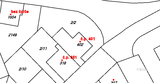 Slezské Předměstí 401, Hradec Králové na parcele st. 402 v KÚ Slezské Předměstí, Katastrální mapa