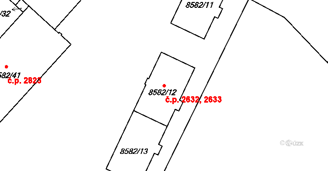 Jižní Předměstí 2632,2633, Plzeň na parcele st. 8582/12 v KÚ Plzeň, Katastrální mapa