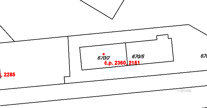 Východní Předměstí 2151,2360, Plzeň na parcele st. 670/5 v KÚ Plzeň, Katastrální mapa