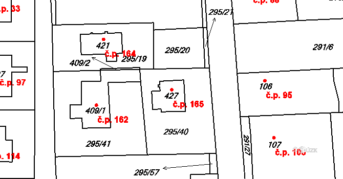 Lhota 165 na parcele st. 427 v KÚ Lhota u Dřís, Katastrální mapa