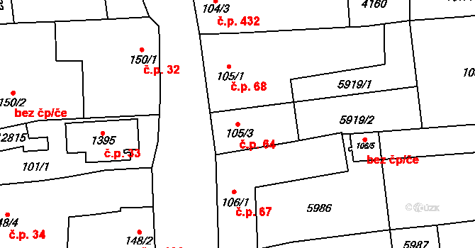 Hrušovany nad Jevišovkou 64 na parcele st. 105/3 v KÚ Hrušovany nad Jevišovkou, Katastrální mapa