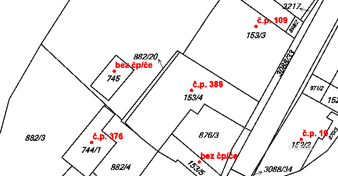 Trnava 388 na parcele st. 153/4 v KÚ Trnava u Zlína, Katastrální mapa