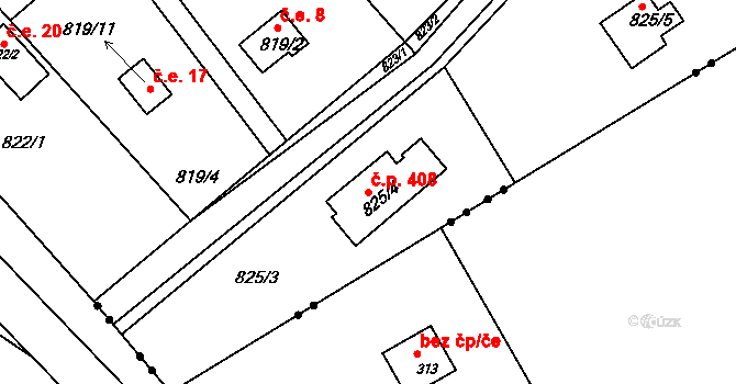 Jince 408 na parcele st. 825/4 v KÚ Jince, Katastrální mapa