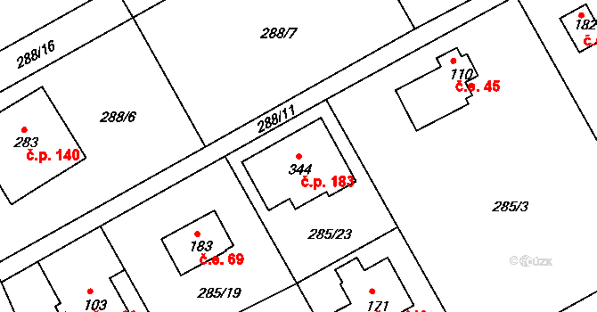 Vonoklasy 183 na parcele st. 344 v KÚ Vonoklasy, Katastrální mapa