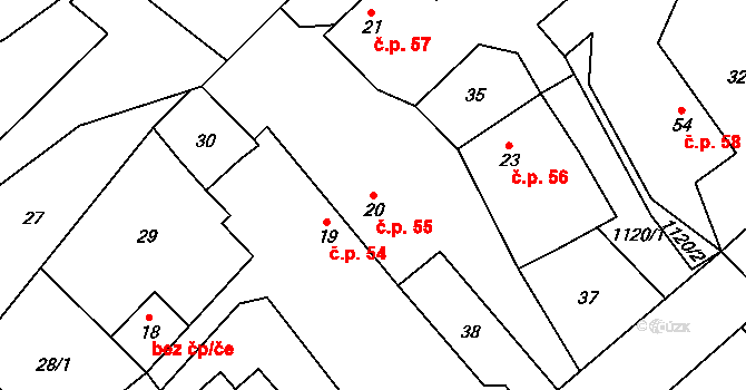 Šašovice 55, Želetava na parcele st. 20 v KÚ Šašovice, Katastrální mapa