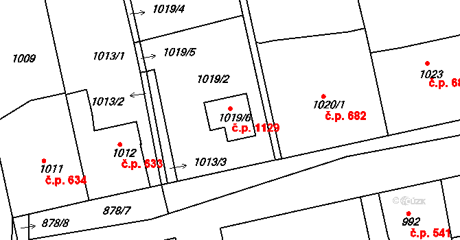 Třemošná 1129 na parcele st. 1019/6 v KÚ Třemošná, Katastrální mapa