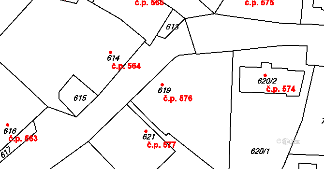 Jemnice 576 na parcele st. 619 v KÚ Jemnice, Katastrální mapa