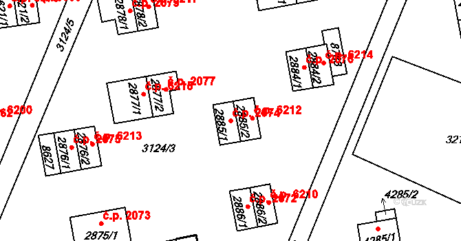 Zlín 2074 na parcele st. 2885/1 v KÚ Zlín, Katastrální mapa
