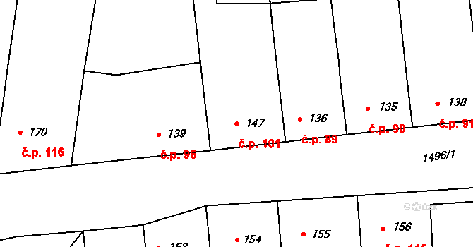 Topolany 101 na parcele st. 147 v KÚ Topolany u Vyškova, Katastrální mapa