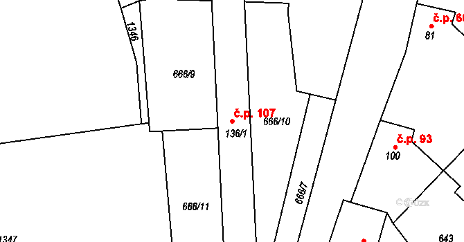 Běsno 107, Kryry na parcele st. 136/1 v KÚ Běsno, Katastrální mapa