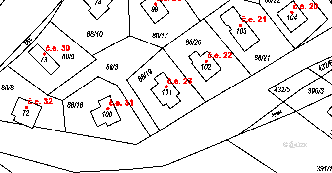 Podhradí 23, Třemošnice na parcele st. 101 v KÚ Podhradí v Železných horách, Katastrální mapa