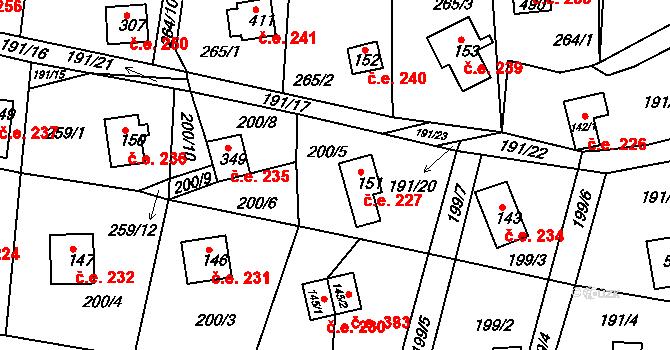Hoješín 227, Seč na parcele st. 151 v KÚ Hoješín, Katastrální mapa