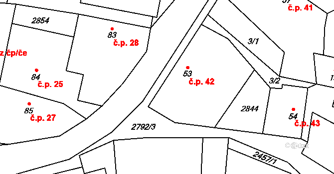 Svéradice 42 na parcele st. 53 v KÚ Svéradice, Katastrální mapa